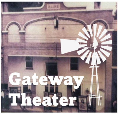 Gateway Theater Logo with windmill, Old Fox theater in the background